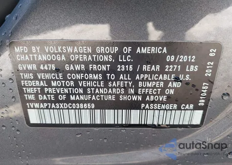 2013 Volkswagen Passat 2.5L S from USA, damaged, VIN 1VWAP7A3XDC038659